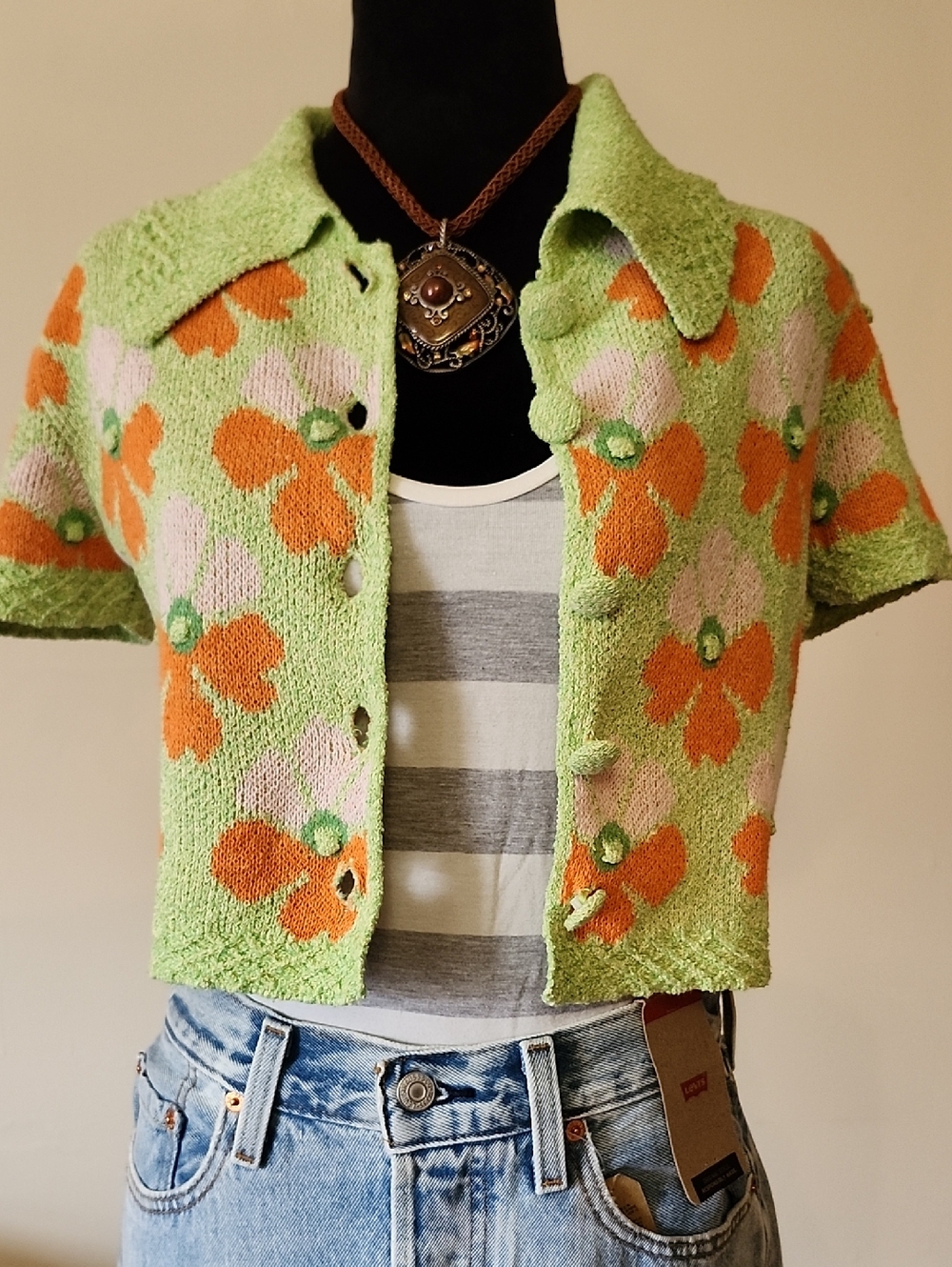 ZARA Floral Embroidered Knit Cardigan Cropped Button Front Cottagecore Boho Size